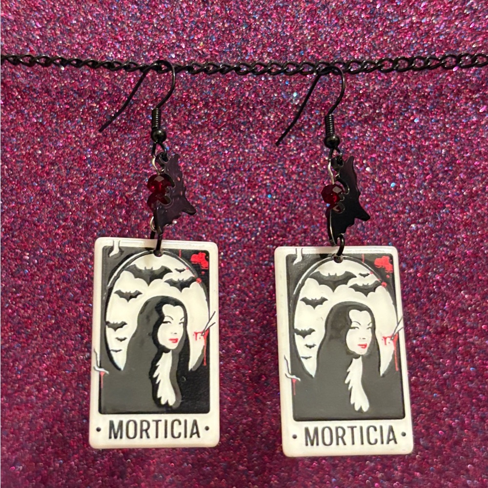 Morticia Addams Earrings Dangle Acrylic Double Sided with bat Accent
